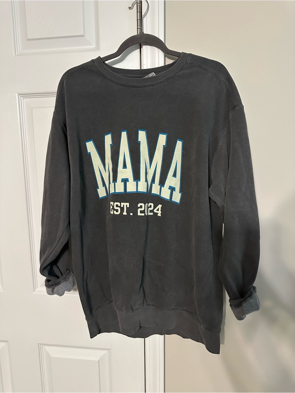 MAMA comfort colors Graphic Sweatshirt in Charcoal with Blue/White Lettering